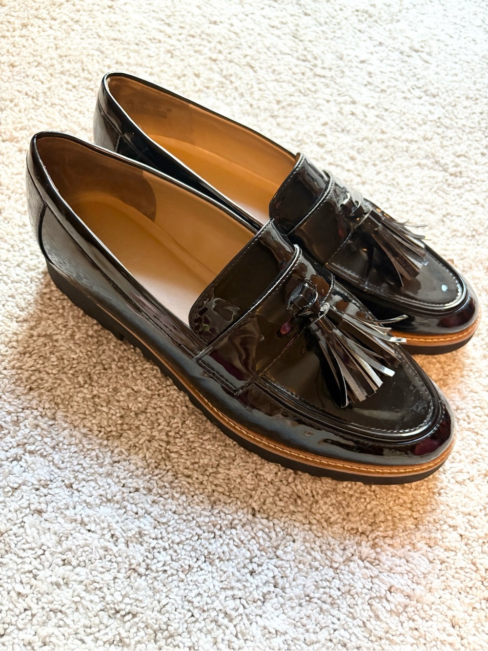 Franco Sarto Carolynn Platform Loafer black patent slip on shoes women size 10